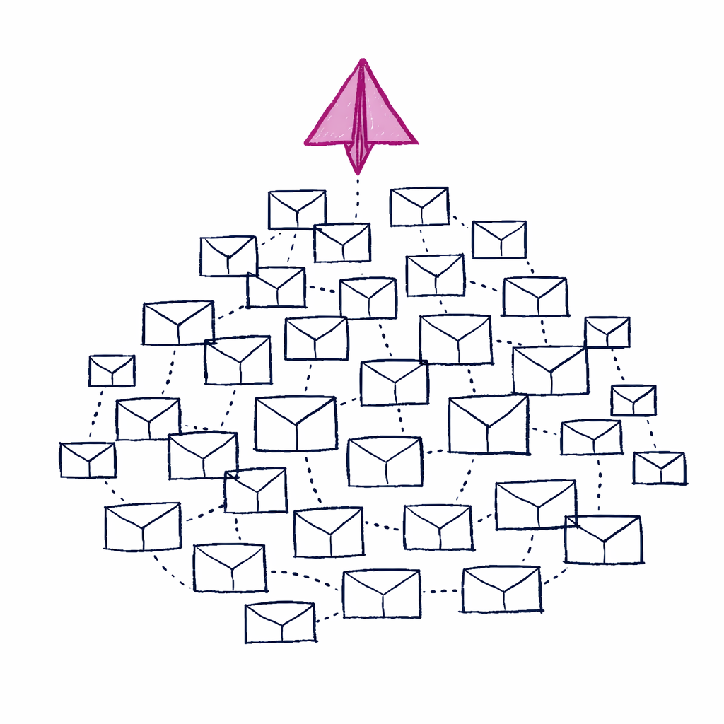 A cloud of envelopes, with the celerity paper plane rising out of it